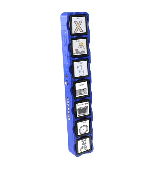 Unità verticale lunga da parete con sette supporti quadrati per icone illustrate in fila e una tasca portaoggetti.