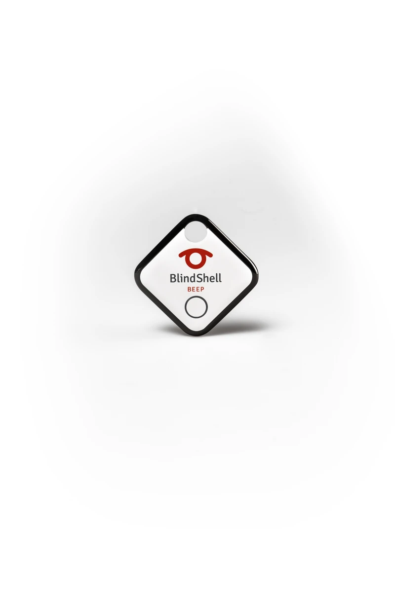 BlindShell Beep, a small white square tag with the BlindShell logo and a key ring hole.