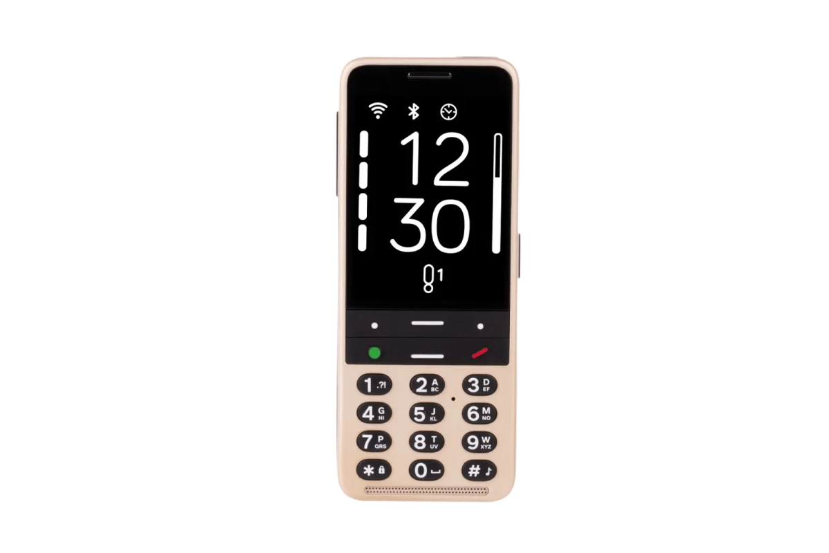 BlindShell Classic 3 accessible phone in golden sand with a tactile keypad and touchscreen.