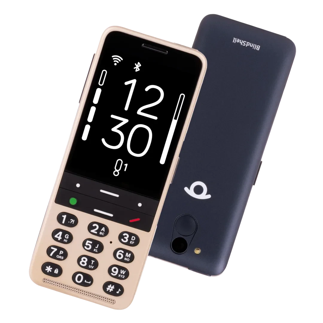 BlindShell Classic 3 Telefone: ein sandfarbenes Telefon von vorne und ein ozeanblaues Telefon von hinten.