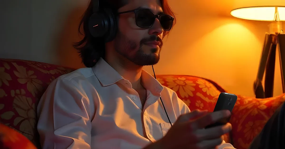 Ein junger blinder Mann sitzt auf einem Sofa und benutzt das BlindShell Classic 3 in Ozeanblau.