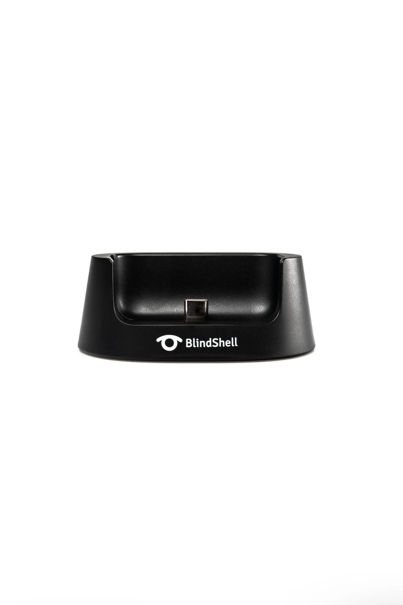 Black BlindShell charging cradle, front view with logo.