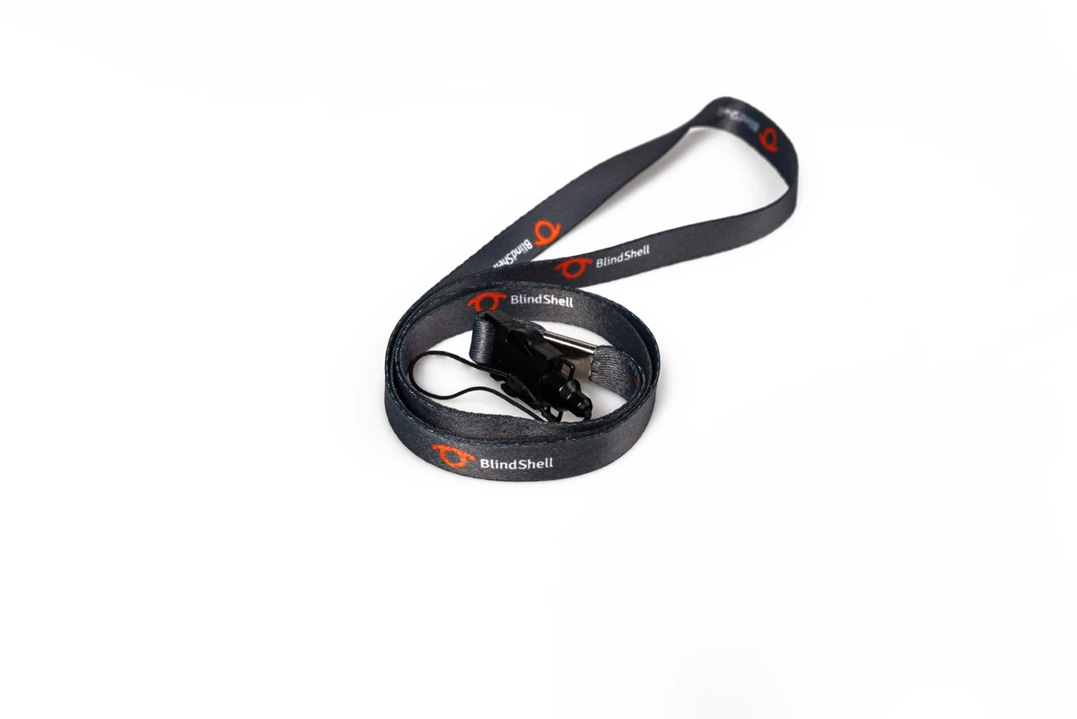 Grey BlindShell neck lanyard with the BlindShell logo, coiled on a white background.