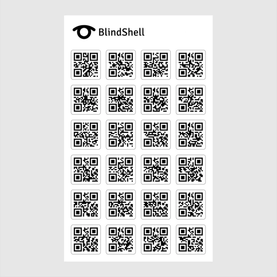 Sheet of 24 BlindShell object tagging stickers, each with its own printed code.