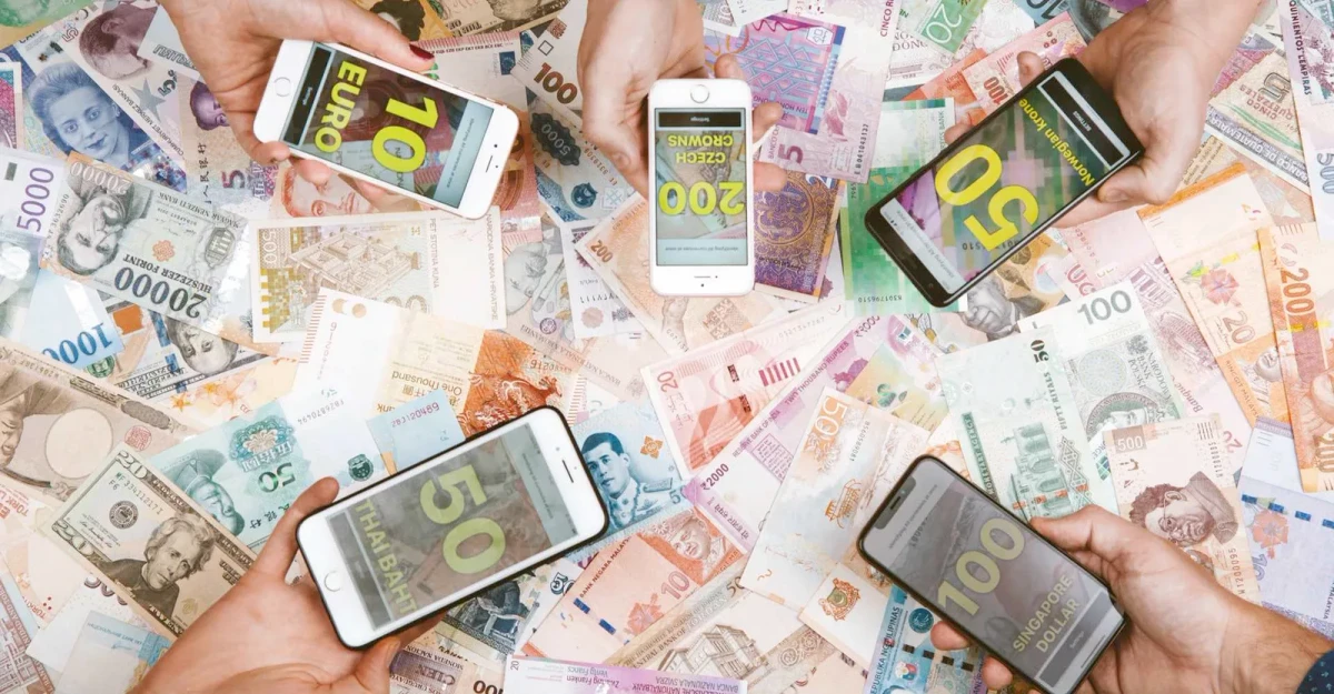 خمس أيادٍ تحمل هواتف فوق مجموعة من الأوراق النقدية من مختلف أنحاء العالم، ويعرض كل هاتف عملة مختلفة بخط أصفر كبير.