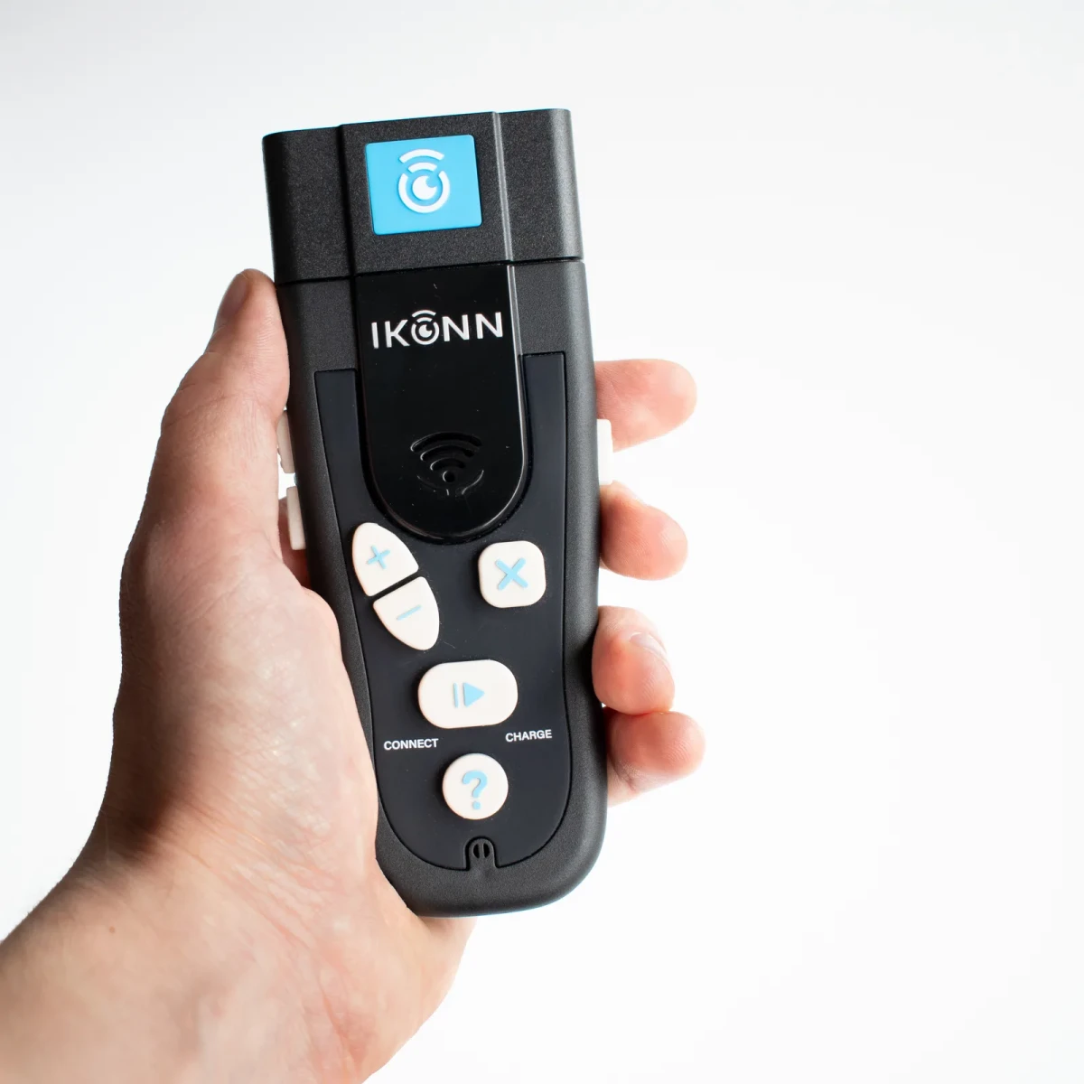 The Controller with the CS-1 fitted, held upright in a hand