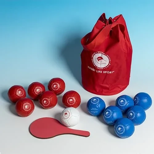 Red drawstring boccia bag with six red and six blue balls, a white target ball and a referee paddle.