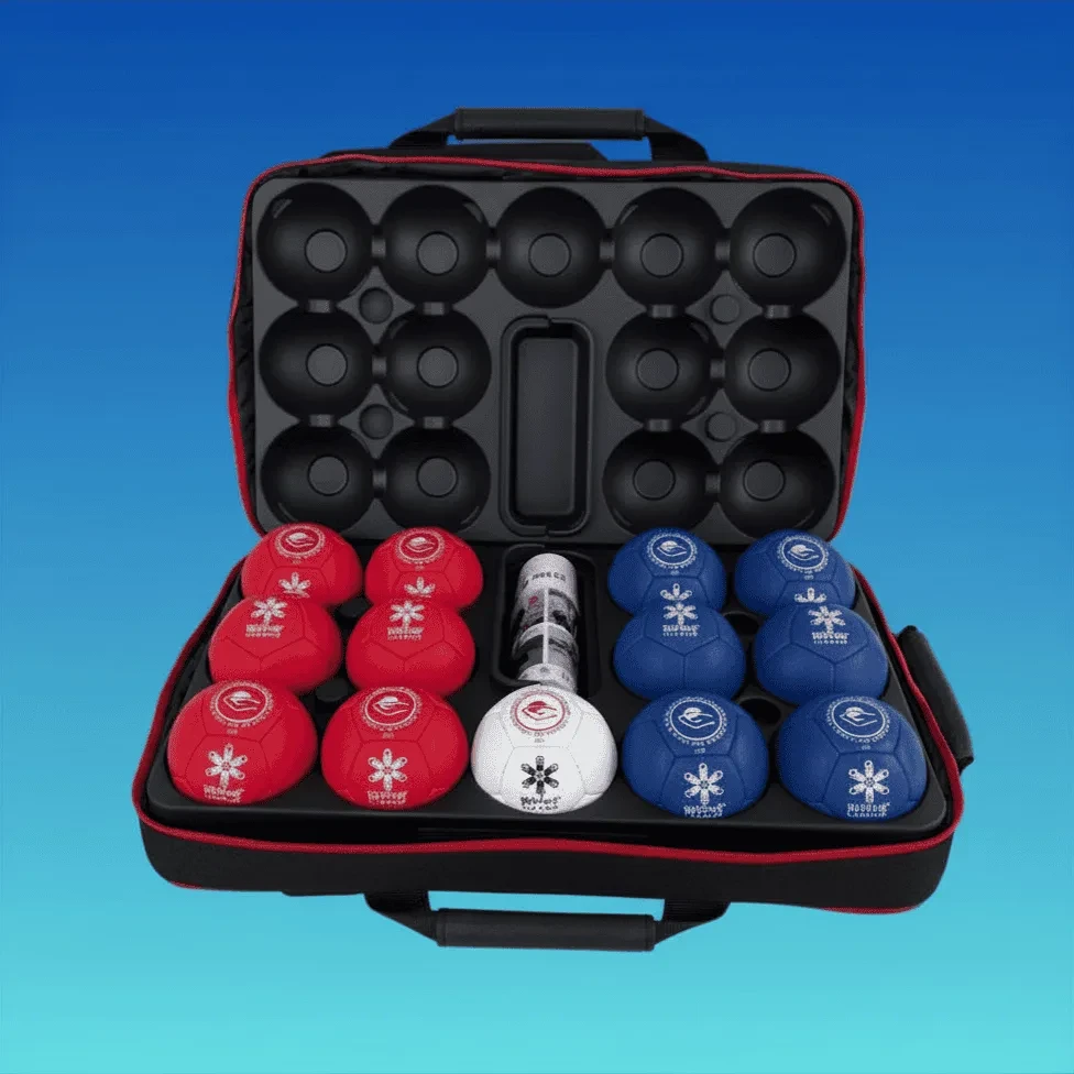 Open black boccia case holding red and blue supersoft balls and one white target ball.