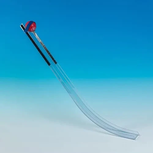 A long, curved transparent boccia ramp with a ball held at the top by a release pointer.
