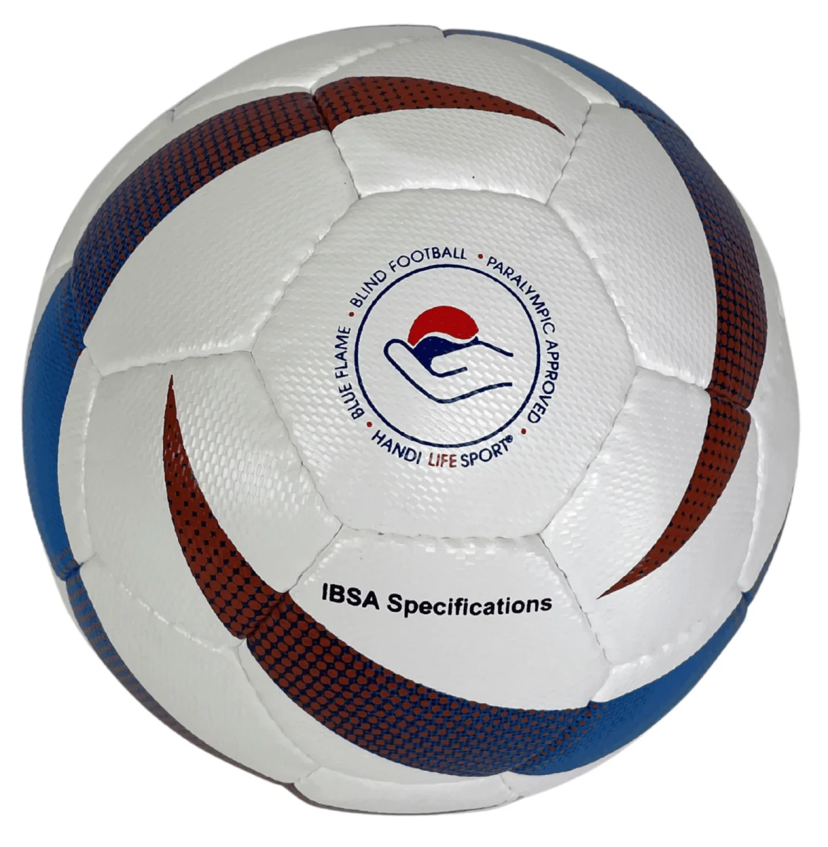 A white blind football with blue and orange swirls and an IBSA Specifications mark.