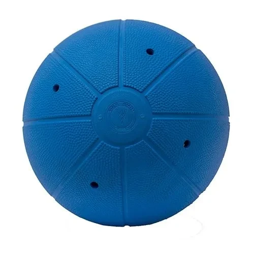 A blue rubber goalball with panel lines and small sound holes.