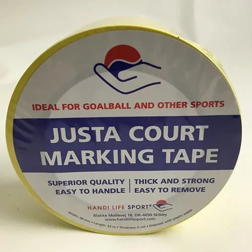 A roll of yellow Justa Court Marking Tape with a goalball label.