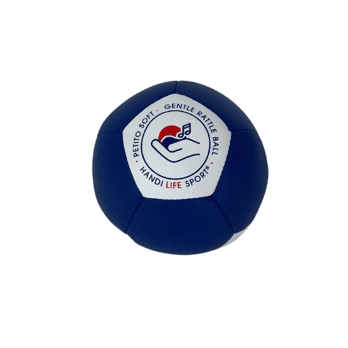 كرة صغيرة ناعمة زرقاء داكنة مع لوحة بيضاء مكتوب عليها "Petito Soft - Gentle Rattle Ball".