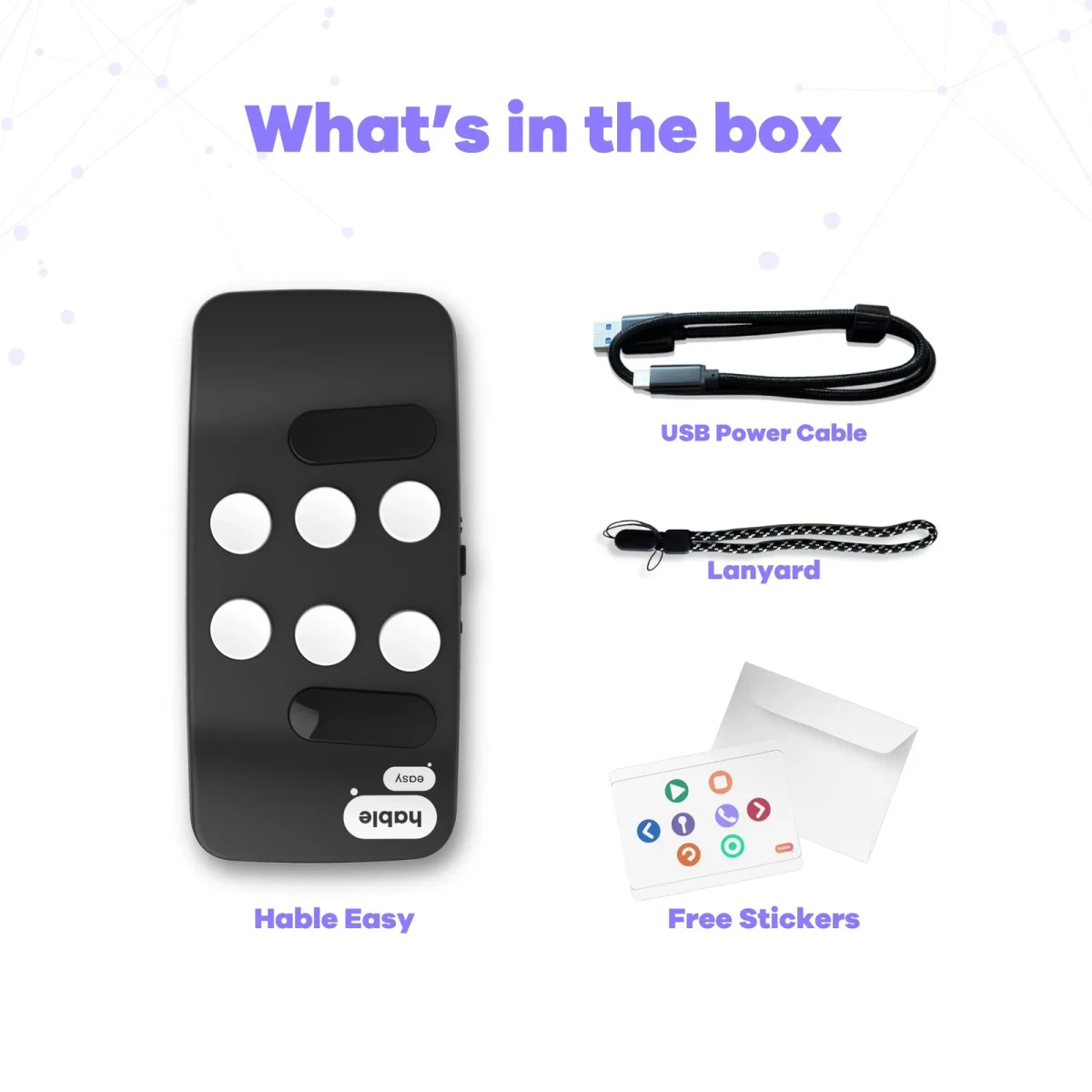 Layout 'Contenuto della confezione' per Hable Easy che mostra il controller, un cavo di alimentazione USB intrecciato, un laccetto e un set di adesivi gratuiti in una busta, ciascuno etichettato.
