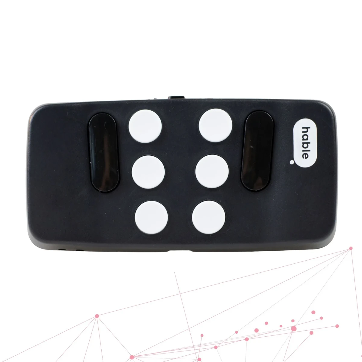 The Hable One braille keyboard shown on a white background: a small black handheld device with six round white braille buttons arranged in two columns of three, flanked by two black oval buttons, with the 'hable' logo in the corner.