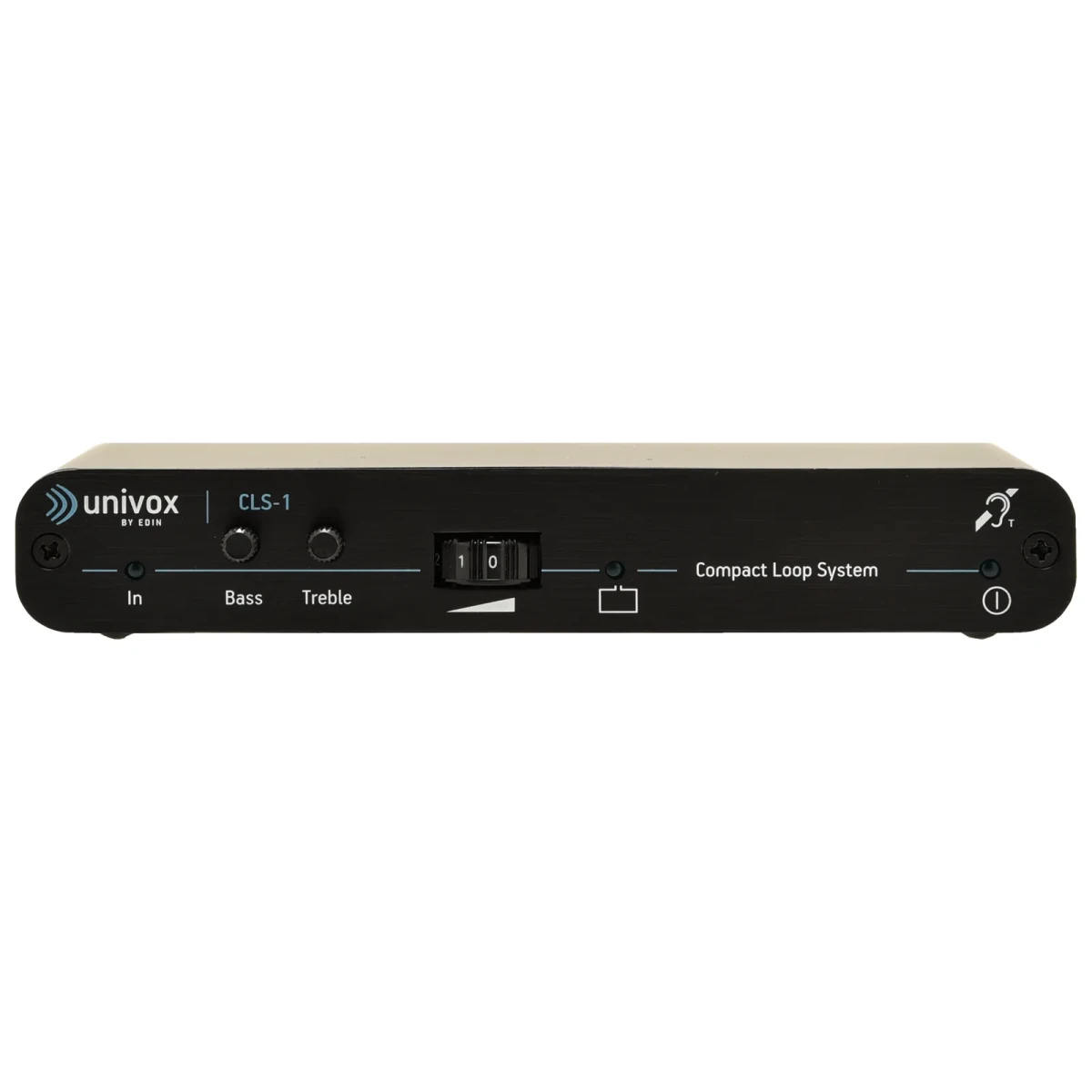 Slim black home hearing loop amplifier with bass and treble knobs, a volume wheel and the hearing-loop T symbol on the front panel.