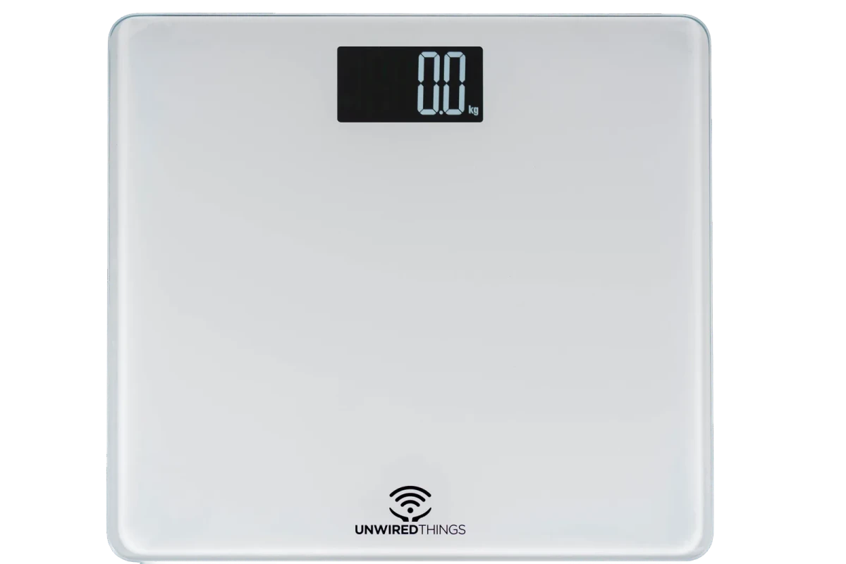 Weiße Glas-Personenwaage SB-1 von oben, Display zeigt 0,0 kg