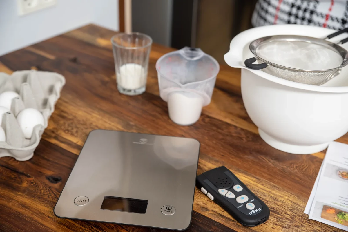 The SK-1 on a wooden worktop with baking ingredients and the IKONN Controller beside it