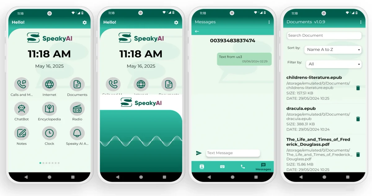 أربعة هواتف تعرض تطبيق SpeakyAI: الشاشة الرئيسية، والاستماع الصوتي، والرسائل، وقائمة المستندات.