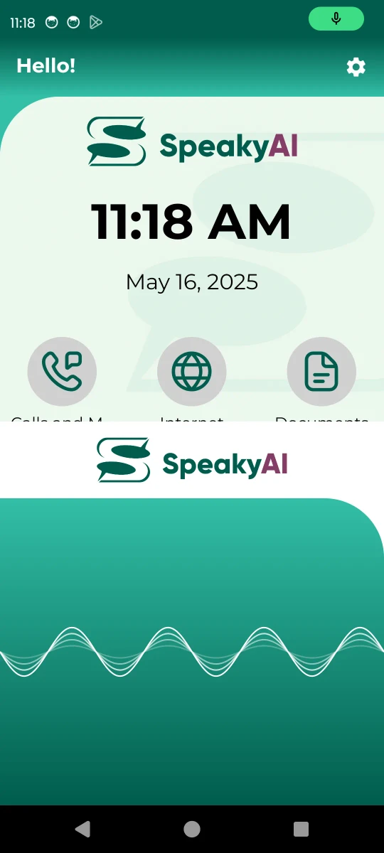 الشاشة الرئيسية لتطبيق SpeakyAI مع ساعة كبيرة وأزرار دائرية للميزات، ولوحة الاستماع الصوتي.
