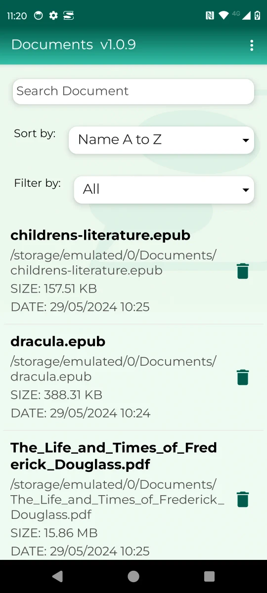 شاشة المستندات في تطبيق SpeakyAI تعرض كتباً إلكترونية وملفات PDF مع أدوات بحث وفرز وتصفية.