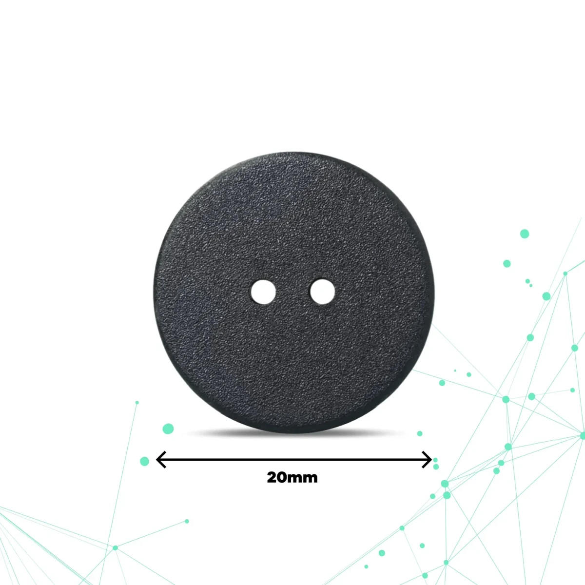Ein einzelner Speechlabel Wäsche-NFC-Button auf weißem Hintergrund, mit einem Maßpfeil, der anzeigt, dass er 20 mm breit ist.