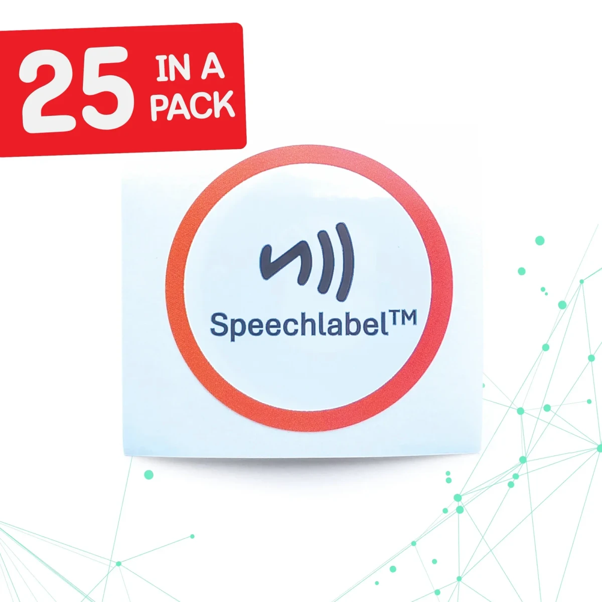 A single Speechlabel Touch NFC sticker: a square white label printed with a red ring around the contactless symbol and the word Speechlabel, shown with a red '25 in a pack' badge.
