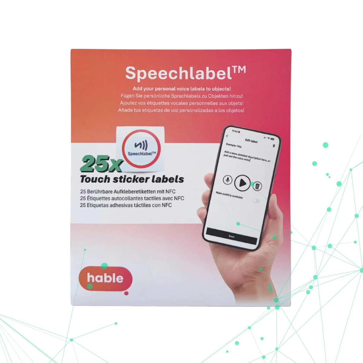 Die Verpackung der Speechlabel Touch Sticker Labels mit der Aufschrift '25x touch sticker labels with NFC' auf Englisch, Deutsch, Französisch und Spanisch, zeigt den runden NFC-Aufkleber und eine Hand, die ein Smartphone mit der geöffneten Speechlabel-App auf dem Aufnahmebildschirm hält.
