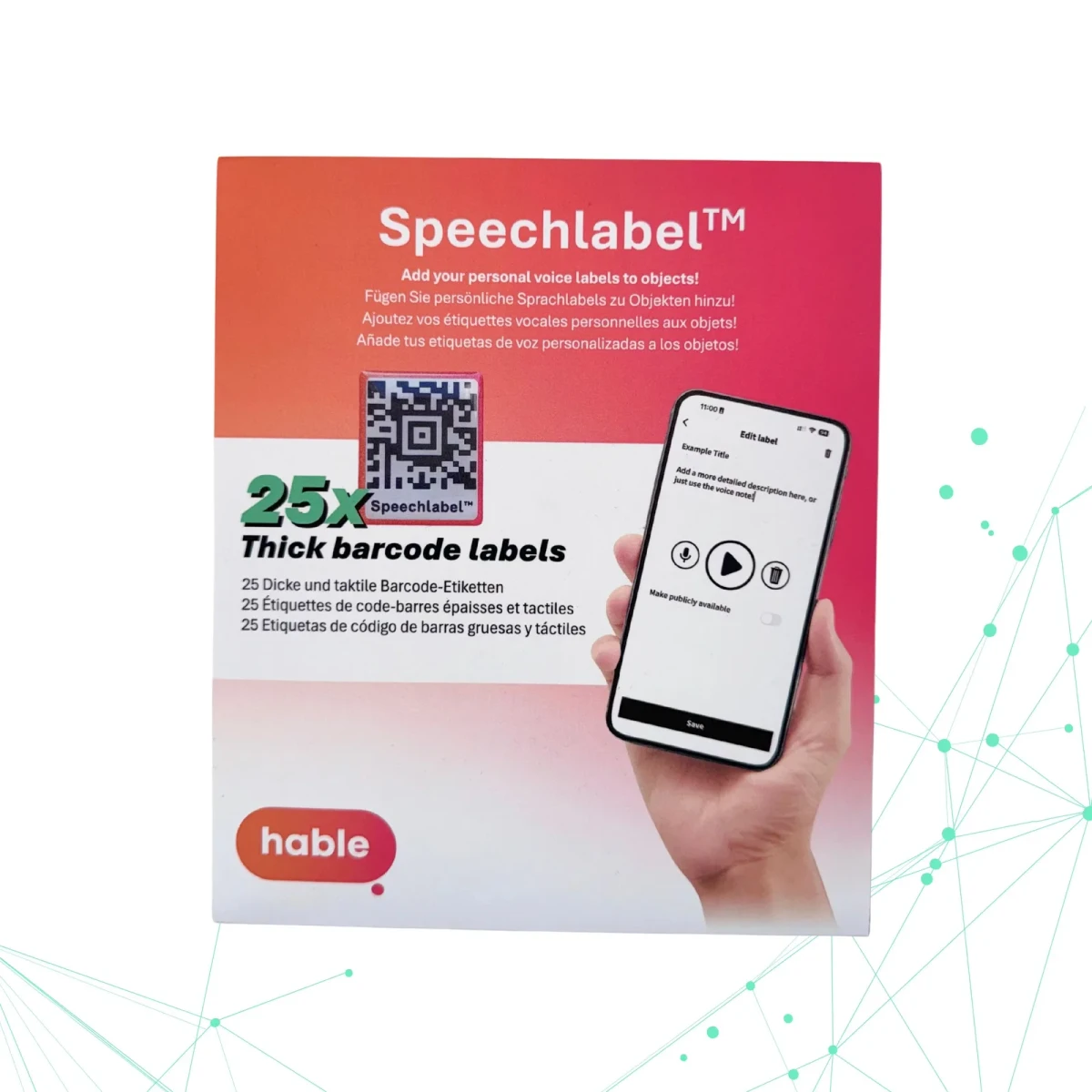 Die Speechlabel Thick Barcode Labels Verpackung mit der Aufschrift '25x thick barcode labels' auf Englisch, Deutsch, Französisch und Spanisch, zeigt den erhabenen QR-Aufkleber und eine Hand, die ein Smartphone mit der geöffneten Speechlabel-App hält.