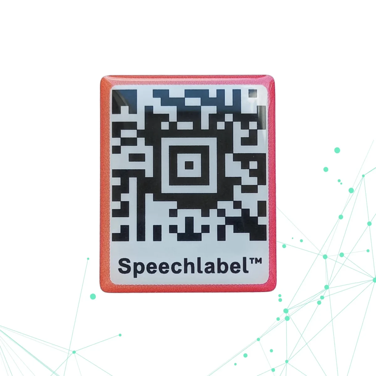 Ein einzelner dicker Speechlabel QR-Code-Aufkleber: ein glänzendes, erhabenes quadratisches Etikett mit rotem Rand, einem QR-Code und dem Wort Speechlabel.