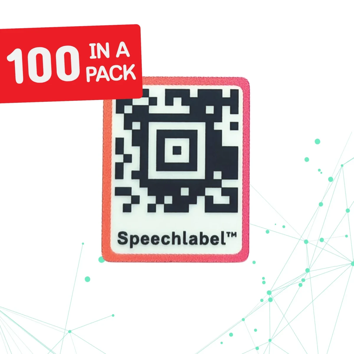 ملصق Speechlabel رفيع واحد بكود QR: ملصق مربع مسطح بإطار أحمر وكود QR بالأبيض والأسود وكلمة Speechlabel، معروض مع شارة حمراء تحمل عبارة 100 في العبوة
