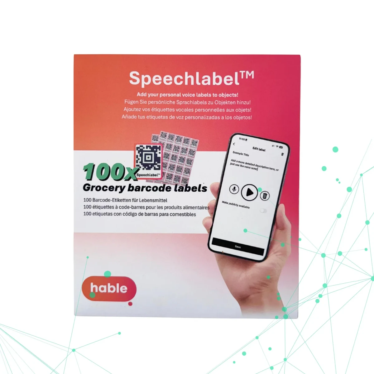علبة ملصقات الباركود من Speechlabel للبقالة، مكتوب عليها '100 ملصق باركود للبقالة' بالإنجليزية والألمانية والفرنسية والإسبانية، تظهر أوراق ملصقات QR صغيرة ويد تمسك هاتفاً مفتوحاً على تطبيق Speechlabel.