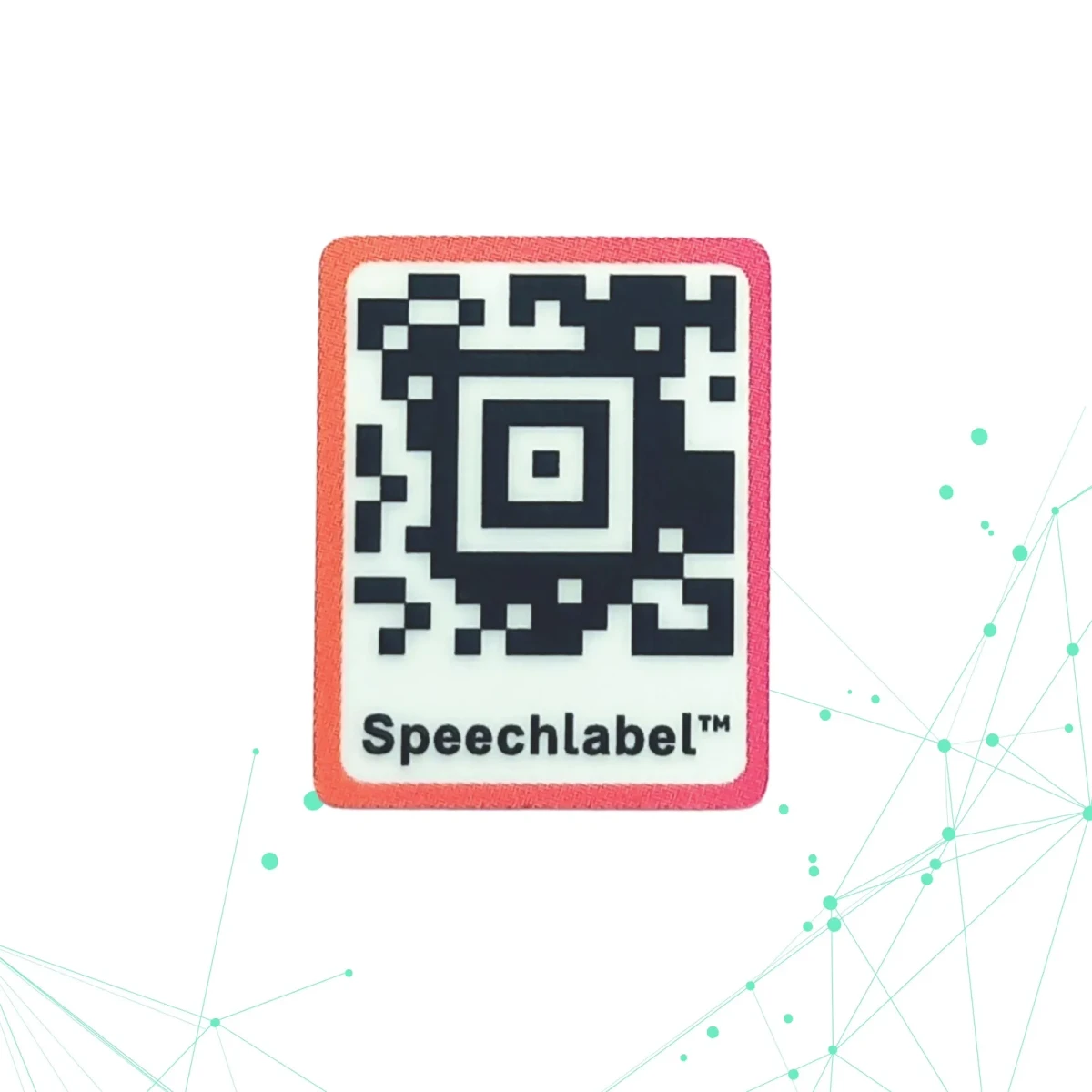 ملصق Speechlabel رفيع برمز QR: ملصق مربع مسطح بإطار أحمر ورمز QR وكلمة Speechlabel.