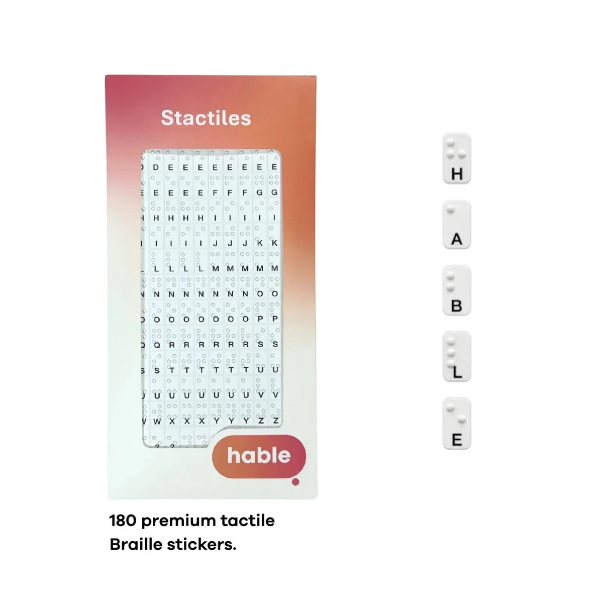 Das kleine Hable Stactiles Braille-Blatt in seiner orangefarbenen Box, daneben eine vertikale Reihe von fünf vergrößerten Aufklebern mit den Buchstaben H, A, B, L, E, jeweils mit erhabenen Braillepunkten über dem gedruckten Buchstaben. Text lautet: 180 hochwertige taktile Braille-Aufkleber.
