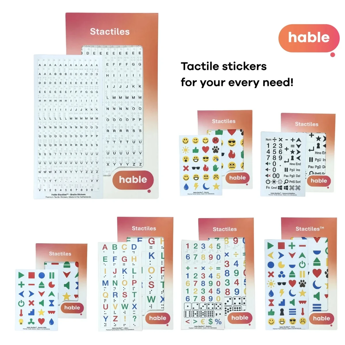 Übersicht über das Hable Stactiles Sortiment, zeigt die gesamte Familie taktiler Aufkleberbögen mit dem kleinen Braille-Bogen im Vordergrund, unter der Überschrift Taktile Aufkleber für jeden Bedarf.