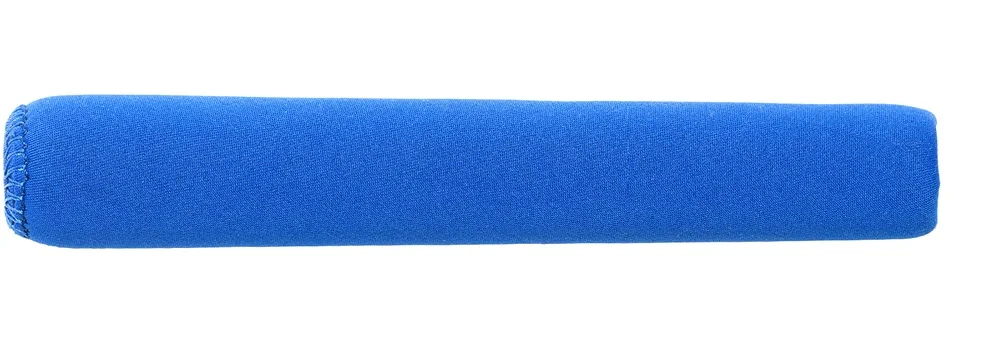 Cane handle in a royal-blue neoprene fabric sleeve with stitching at the end.