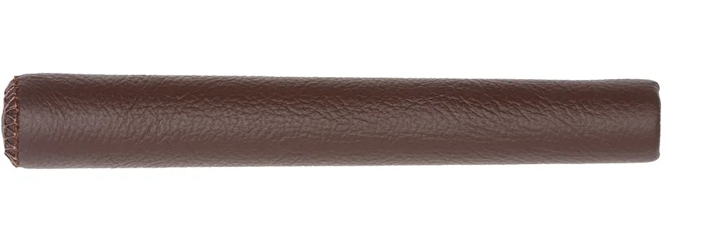 Cane handle wrapped in dark-brown pebbled leather with cross-stitching at the end.