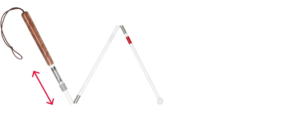 Partly folded white cane: birch handle with grey collar, two folded white sections and a telescopic lower section marked by a red double arrow, white ball tip.