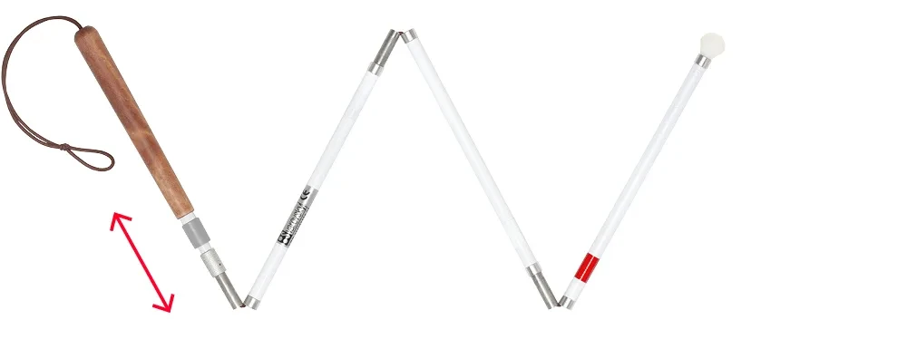 Folded five-section white cane: birch handle with grey adjustment collar and red double arrow, zigzag white sections, white ball tip.