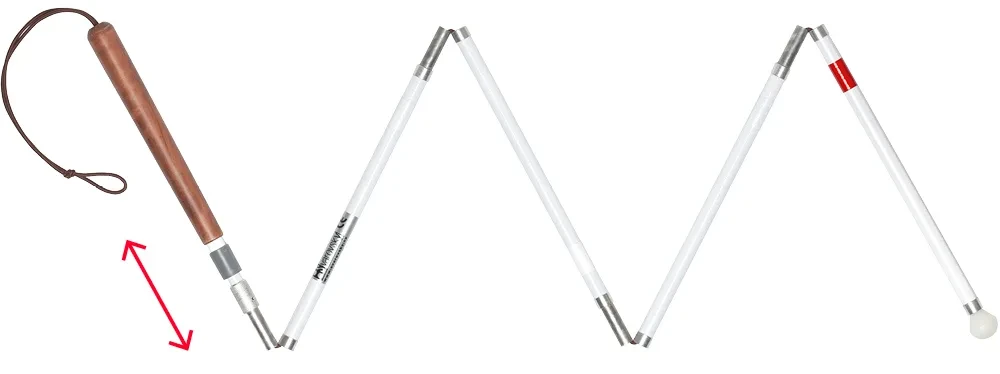 Folded six-section white cane in a wide zigzag: birch handle with grey collar, slim white sections, red band and white ball tip.