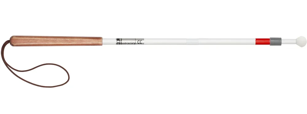 Straight telescopic white cane: long brown birch handle with leather loop, white shaft, red band with grey collar, white ball tip.