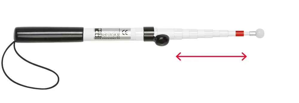 Collapsed telescopic signalling cane: thick black handle, nested white sections tapering like an antenna, red band and small white ball tip.