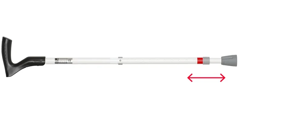 Gerader teleskopischer weißer Stützstock: schwarzer orthopädischer Griff, Verstellhülse in Schaftmitte, rotes Band mit Doppelpfeil, graue Gummispitze.