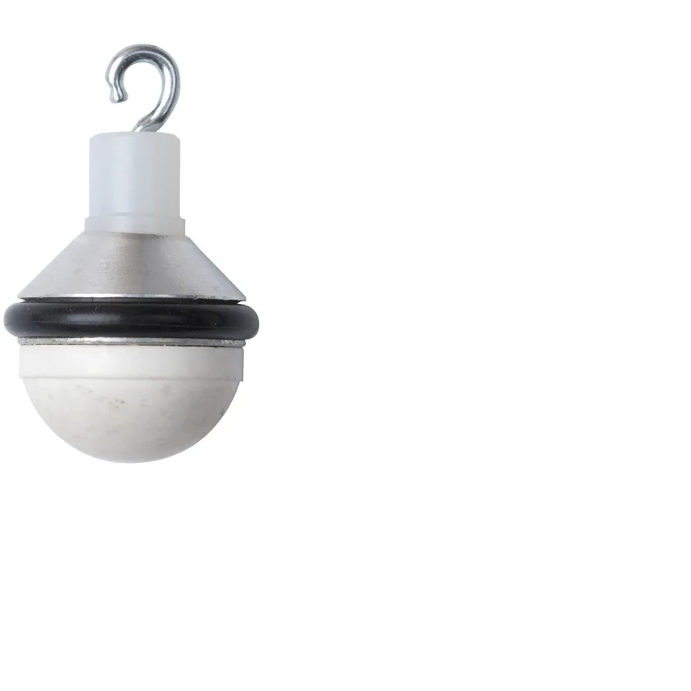 Keramik-Stockspitze: weiße Keramik-Halbkugel unter einem gebürsteten Aluminiumkonus mit schwarzem Gummiring, oben ein Stahlhaken.
