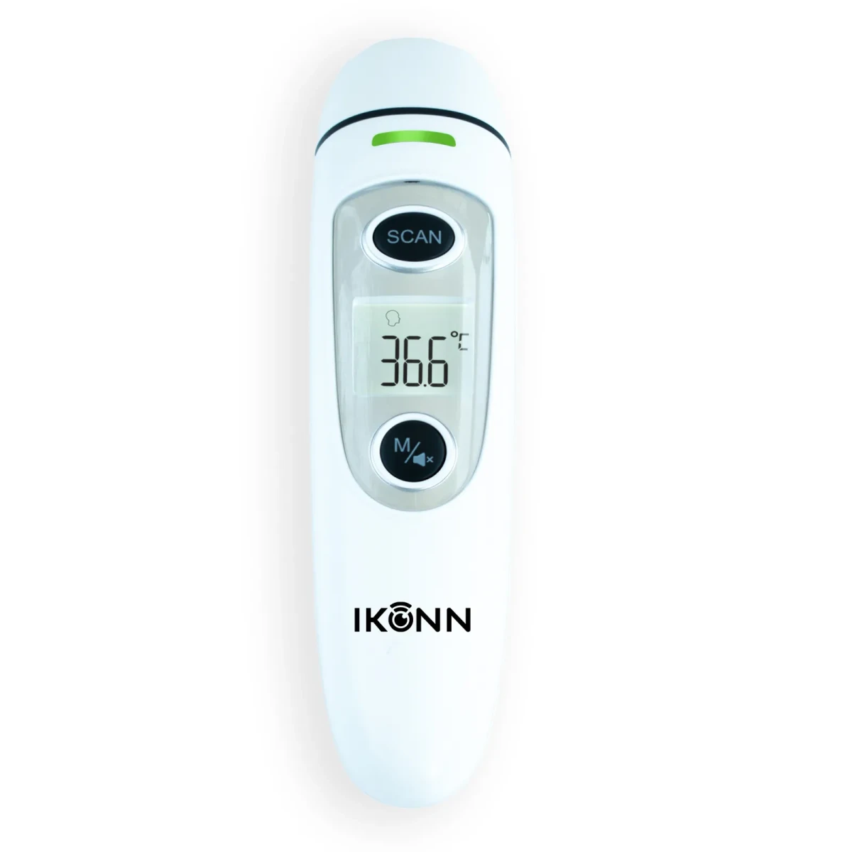 A single TF-1 thermometer face on, green band lit, reading 36.6 Celsius