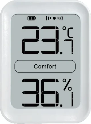 Das TI-1 frontal, zeigt 23,7 Grad Celsius, das Wort Comfort und 36,1 Prozent Luftfeuchte