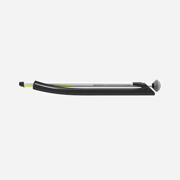 The folded white cane IO with the curved carbon handle in the foreground.