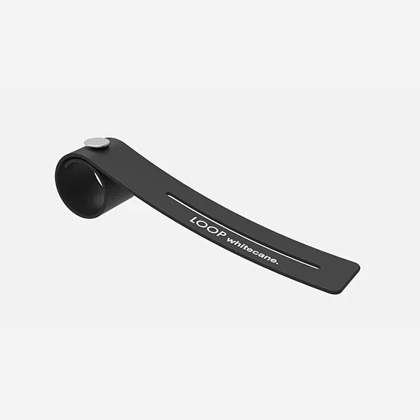 The LOOP finger loop in black, shown open: a small silicone loop with a fastener, made for the IO cane handle.