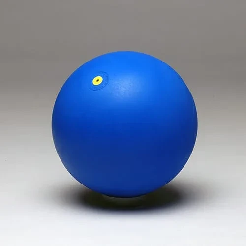 A plain matt blue rubber ball with a small yellow valve disc near the top.