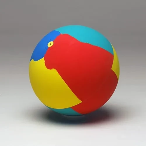 The multicoloured version: broad red, yellow, turquoise and blue panels sweeping around the ball.